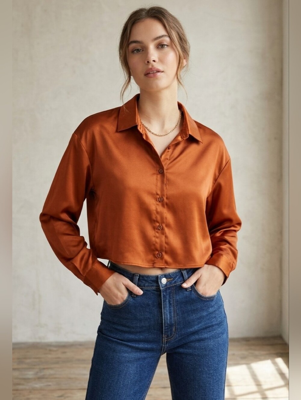 5 For $25✨️Womens Medium Copper Orange Satin Button Up Longsleeved Cropped Top